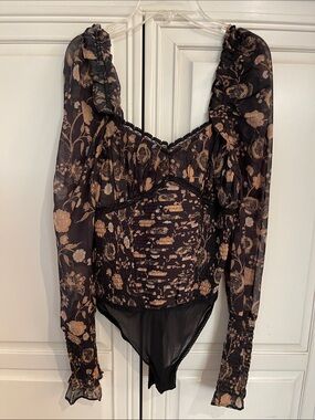 Free People Black and Tan Floral Sheer Long-Sleeve Bodysuit